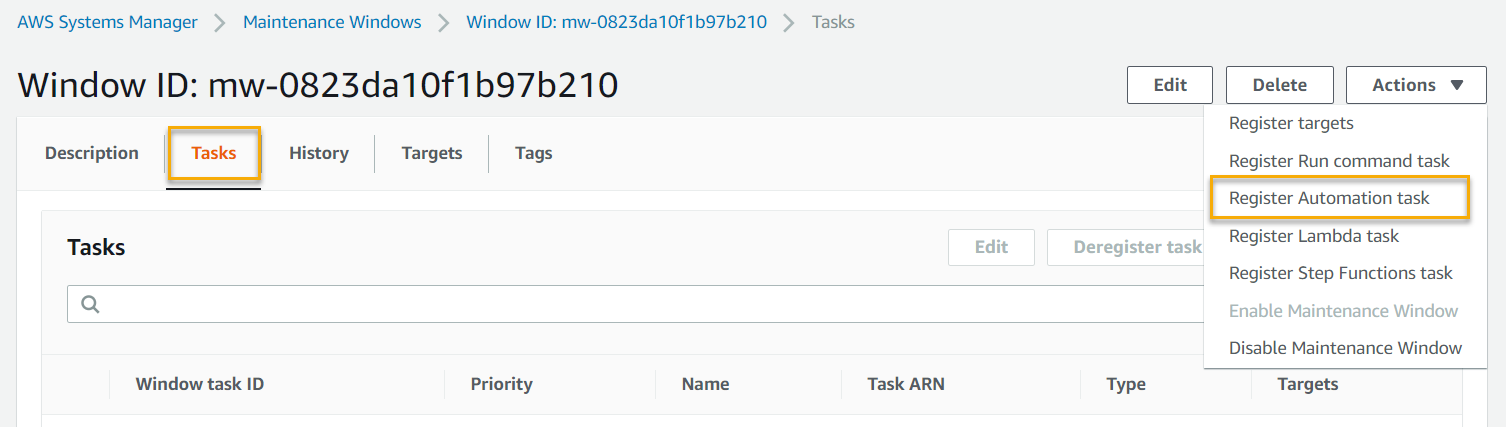The Tasks tab of the details page is selected. Under Actions, the Register Automation task option is highlighted.