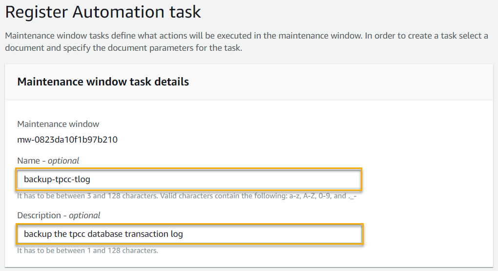 Under Maintenance window task details, the Name field displays backup-tpcc-tlog. The Description field displays backup the tpcc database transaction log.