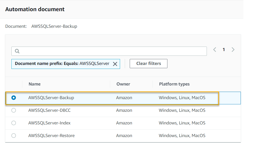 Four Automation documents are displayed in the list: AWSSQLServer-Backup (in this example, selected), AWSSQLServer-DBCC, AWSSQLServer-Index, AWSSQLServer-Restore.