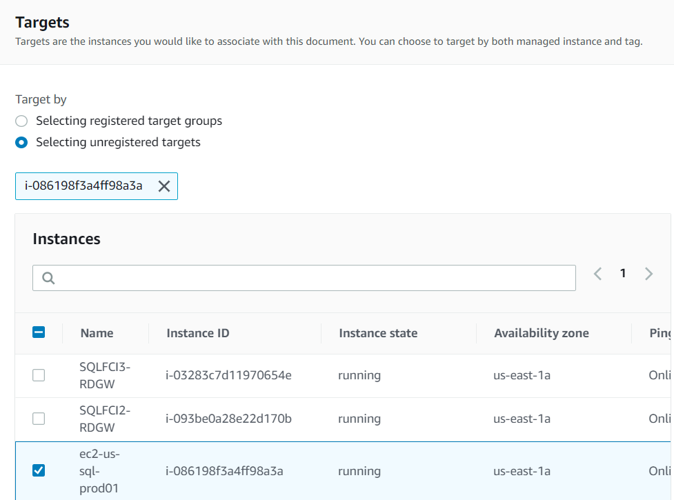 Under Target by, Selecting unregistered targets is selected. In the list of managed instances, ec2-us-sql-prod01 is selected.