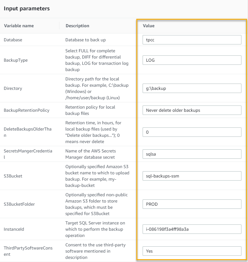 The input parameters include Database (in this example, tpcc), BackupType (LOG), Directory (g:\backup), BackupRetentionPolicy (Never delete older backups), DeleteBackupsOlderThan (0), SecretsManagerCredential (sqlsa), S3Bucket (sql-backups-ssm), and more.