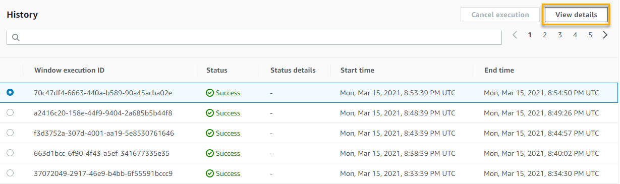 The History tab of the maintenance window executions includes execution IDs, status, status details, start time, and end time.