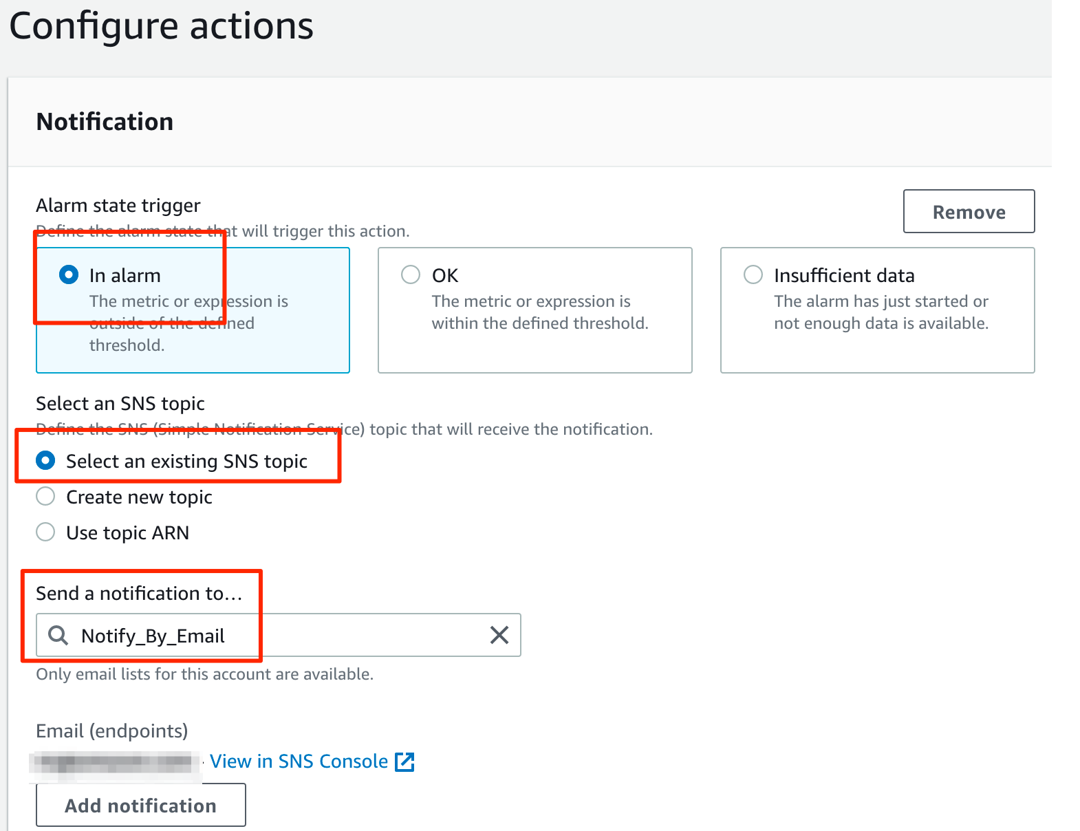 The fields in Configure actions are set as described in the post