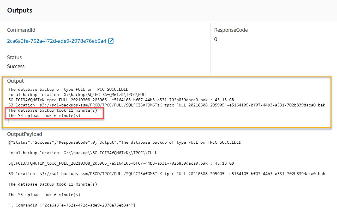 Under Output, the database backup took 11 minutes. The S3 upload took 6 minutes.