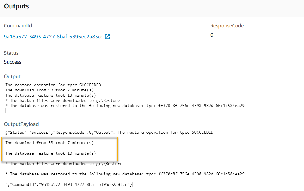 Under OutputPayload, the download from S3 took 7 minutes. The database restore took 13 minutes.