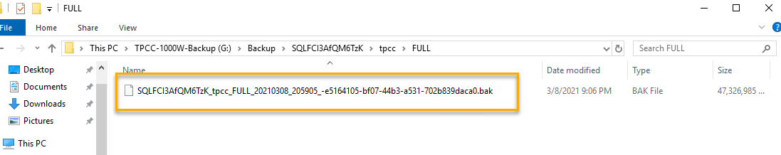 In Windows Explorer, the backup file appears in the location specified in OutputPayload.