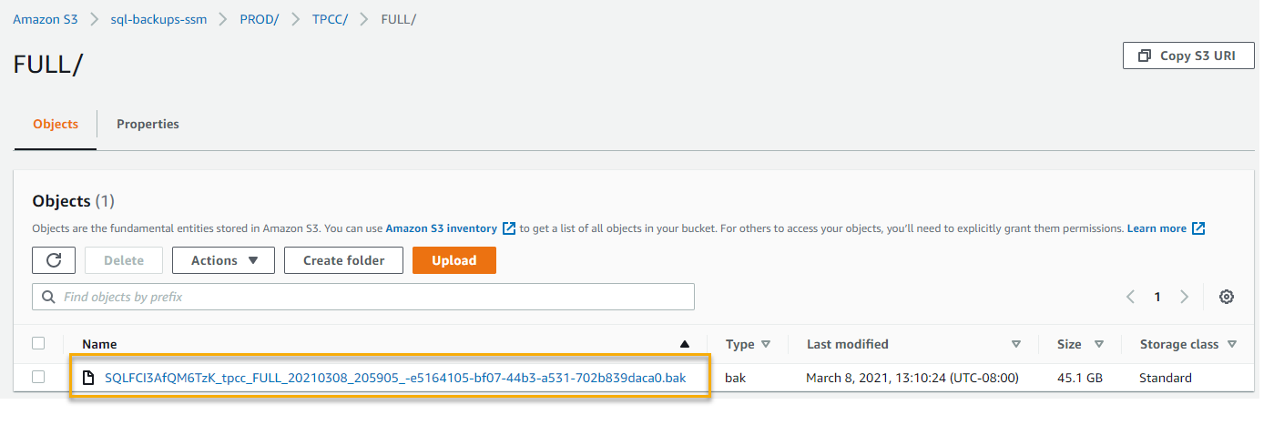 The backup file is displayed in the folder in the S3 console.