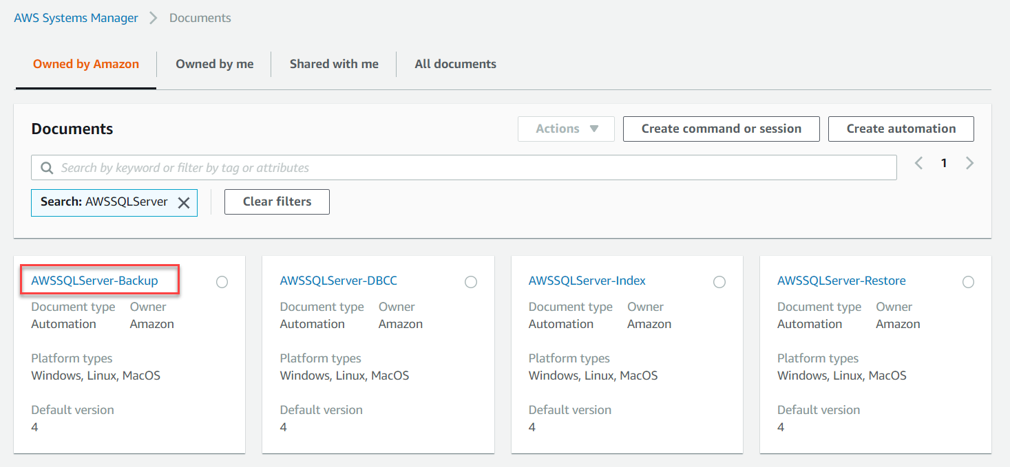 The AWSSQLServer-Backup document is displayed on the Documents page of the console. It has a document type of Automation, an owner of Amazon, platform types of Windows, Linux, macOS, and a default version of 4.
