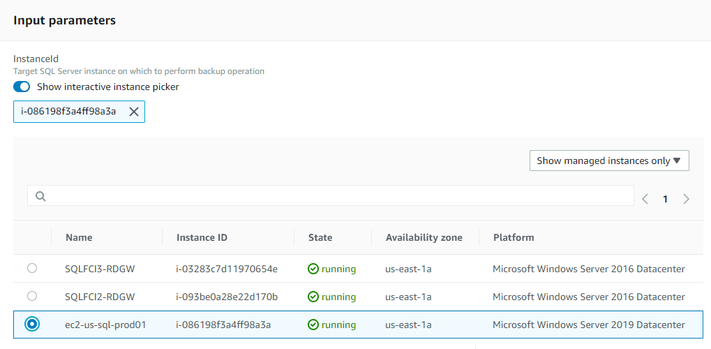 Under Input parameters, the Show interactive instance picker option is selected. In the list of managed instances, ec2-us-sql-prod01 is selected.