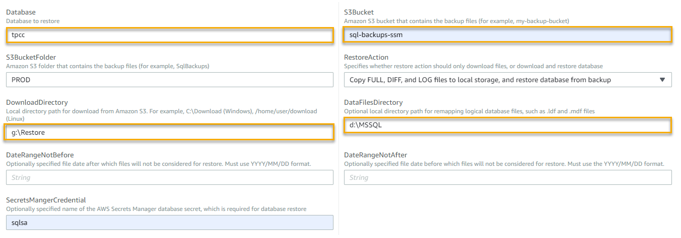 The Database, DownloadDirectory, S3Bucket, and DataFilesDirectory fields are highlighted. For Database, tpcc is entered. For S3Bucket, sql-backups-ssm is entered. For DownloadDirectory, g:\Restore is entered. For DataFilesDirectory, d:\MSSQL is entered.