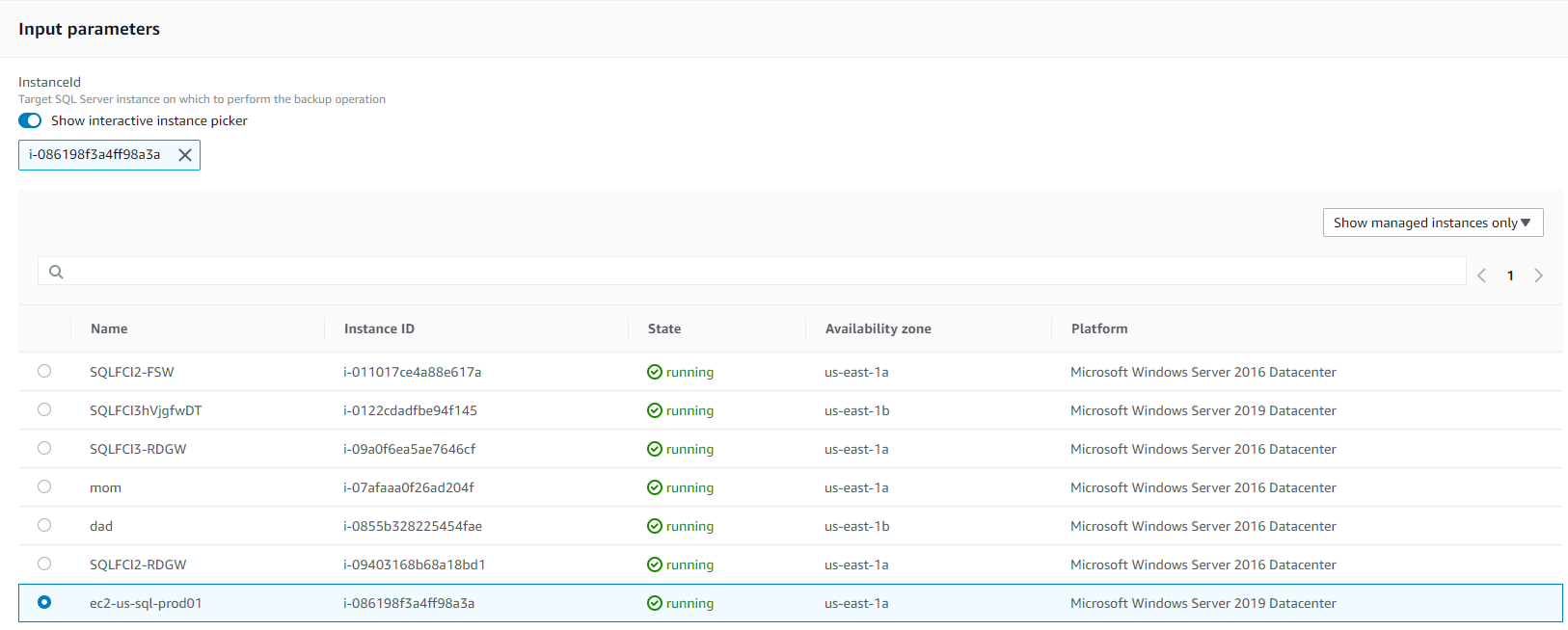 Under Input parameters, the Show interactive instance picker option is selected. In the list of managed instances, ec2-us-sql-prod01 is selected.