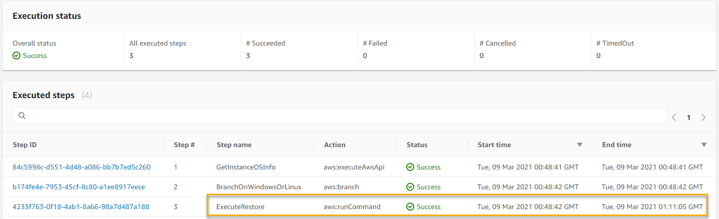 Under Execution status, the overall status is Success. All three executed steps succeeded. There are 0 failed, cancelled, or timed out steps.