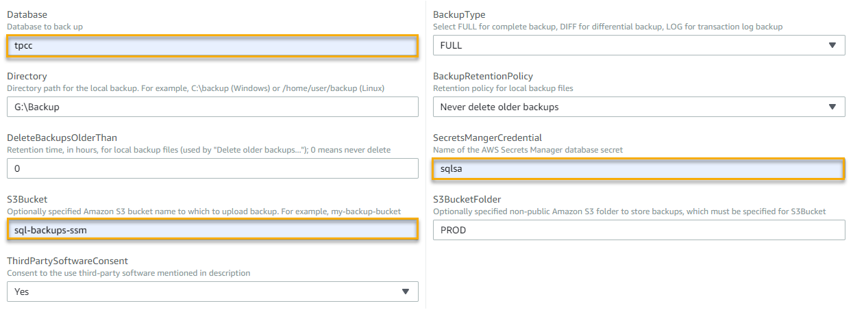 The Database, S3Bucket, and SecretsManagerCredential fields are highlighted. For Database, tpcc is entered. For S3Bucket, sql-backups-ssm is entered. For SecretsManagerCredential, sqlsa is entered.