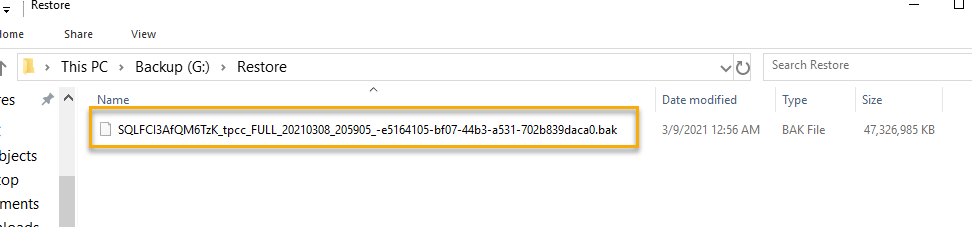 In Windows Explorer, the backup file appears in the location specified on the instance.