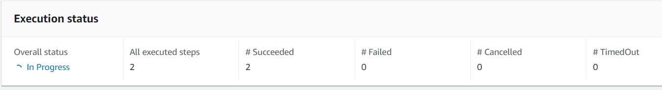 Under Execution status, the overall status is In Progress. Two steps have been executed and both succeeded. There are 0 failed, cancelled, or timed out steps.