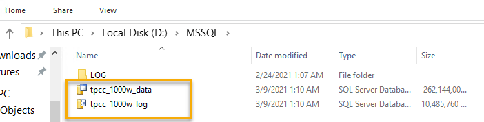 In Windows Explorer, the data and log files appear in d:\MSSQL\LOG.