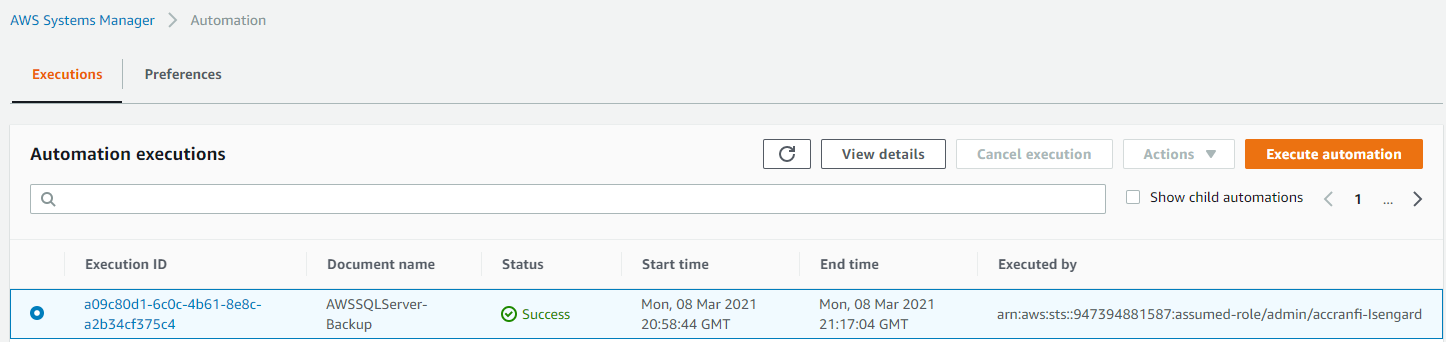 On the Executions tab, the AWSSQLServer-Backup document has a status of Success.