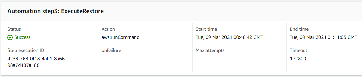 The ExecuteRestore step has a status of Success. Other details include the step execution ID, action (aws:runCommand), start time, end time, timeout, and more.