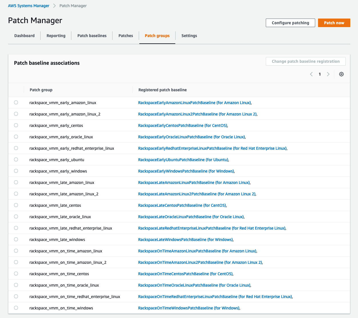 On the Patch Manager page, the Patch groups tab is selected. The table displays patch baseline associations. 