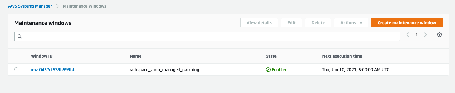Under Maintenance windows, the table displays columns for Window ID, Name, State, and Next execution time.