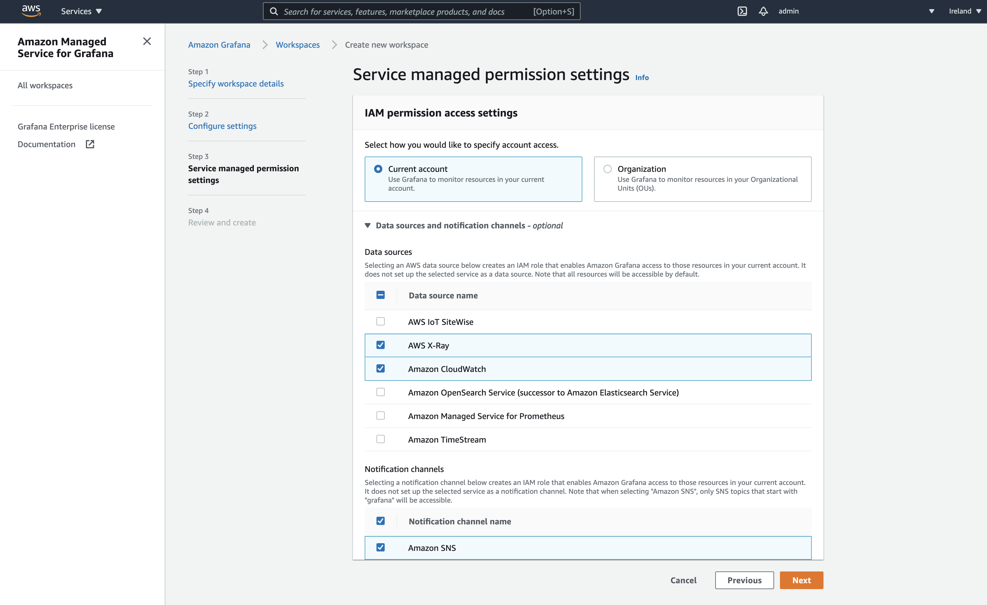 Service managed permission settings displays two options for specifying account access: Current account and Organization). Under Data sources, AWS IoT SiteWise, AWS X-Ray, Amazon CloudWatch, Amazon TimeStream, and other AWS services are selected.