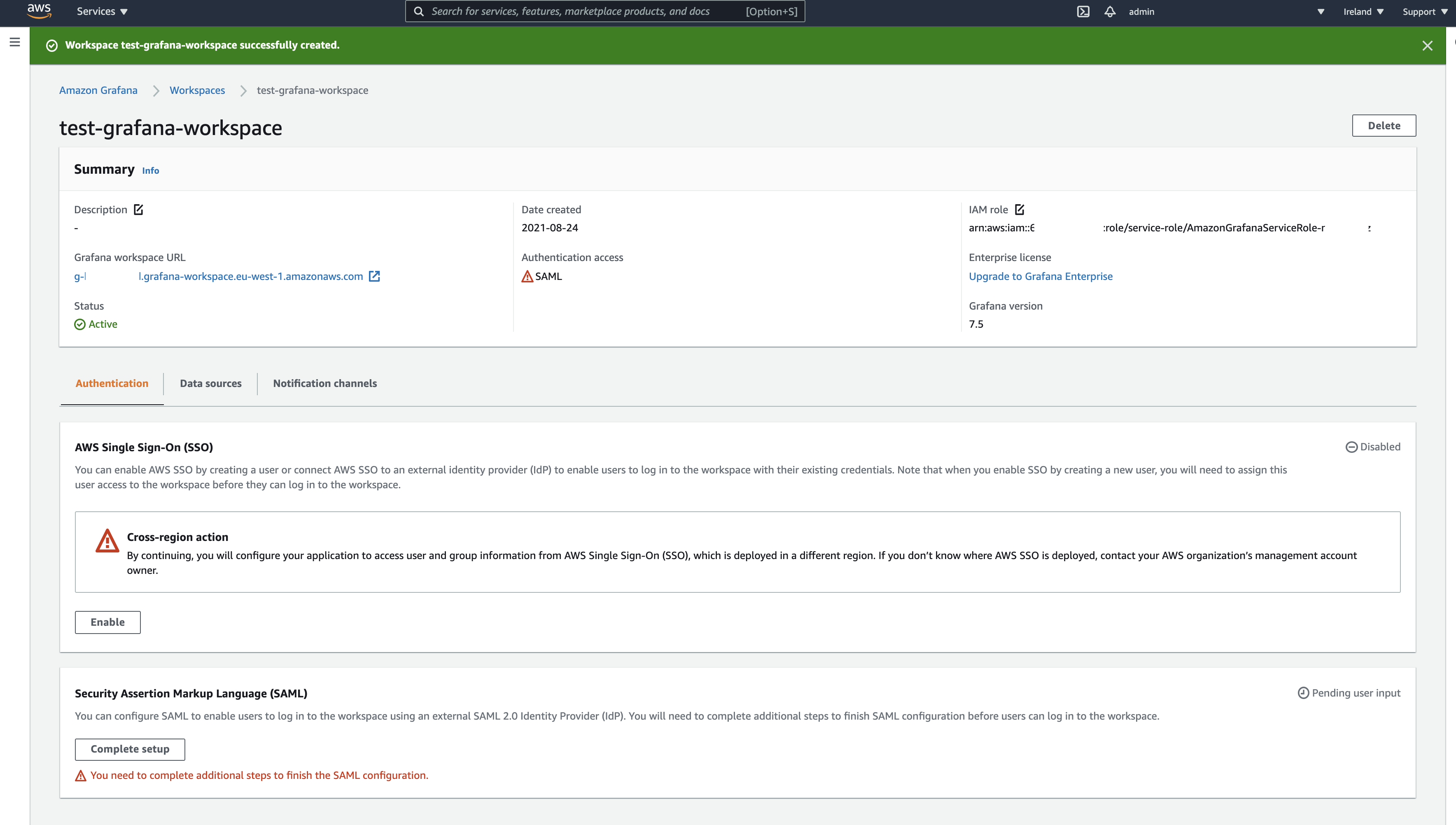 The MyGrafana-Workspace details page displays the workspace URL, authentication access type, IAM role, and more.