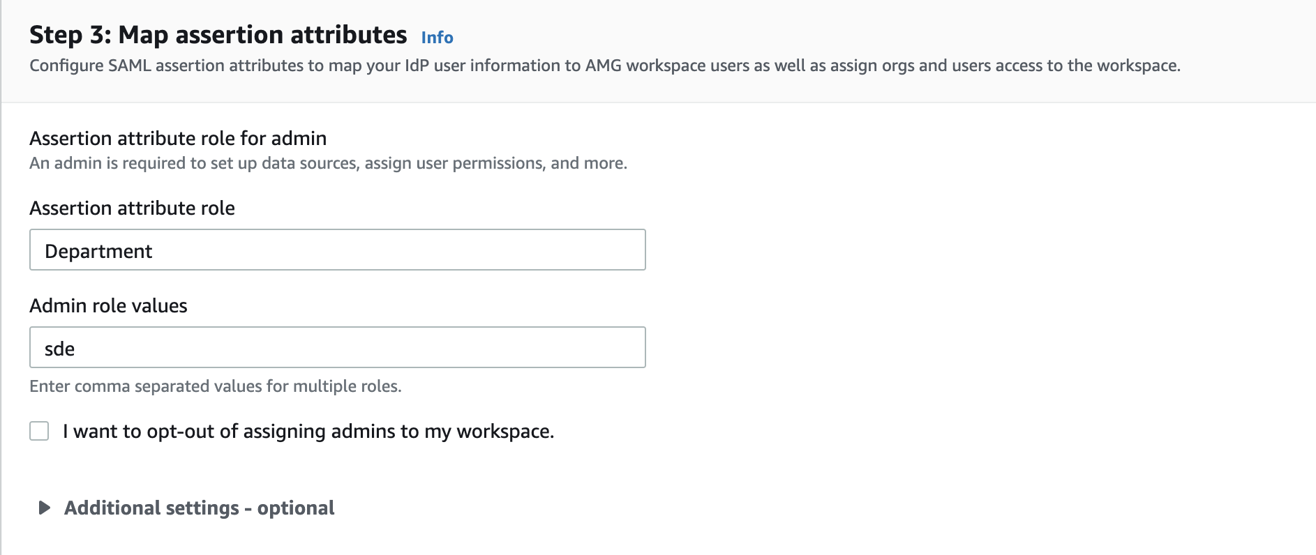The Assertion mapping section displays fields to enter the assertion attribute role and values for configuring admin users.