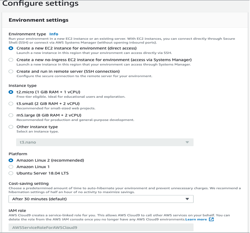 Under Environment type, Create a new EC2 instance for environment (direct access) is selected. For Instance type, t2.micro (GIB RAM + 1vCPU) is selected. For Platform, Amazon Linux 2 (recommended) is selected.