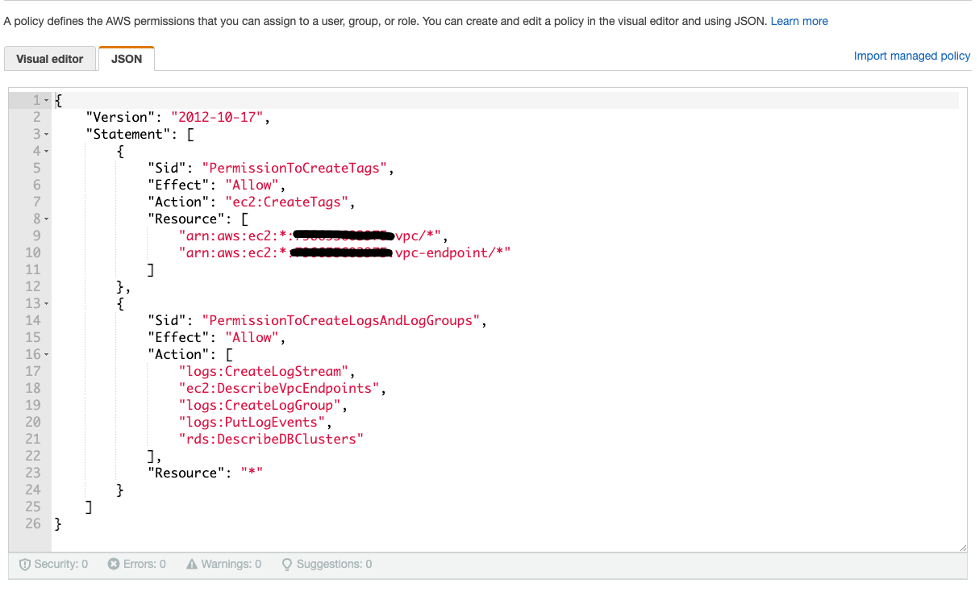 The permissions are pasted into the JSON editor in the IAM console.