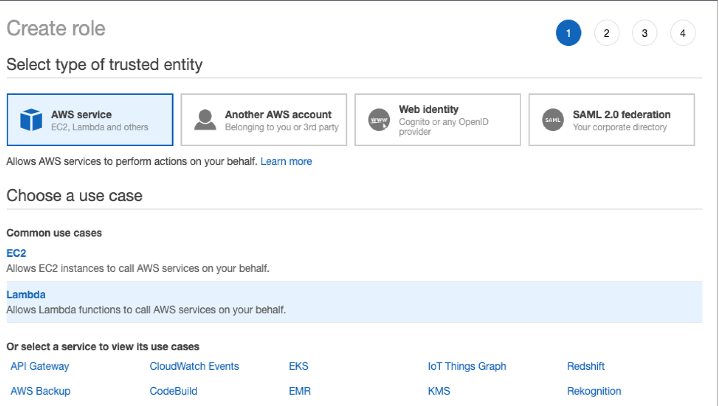 On Create role, under Select type of trusted entity, AWS service is selected. Under Choose a use case, Lambda is selected. This allows Lambda functions to call AWS services on your behalf.