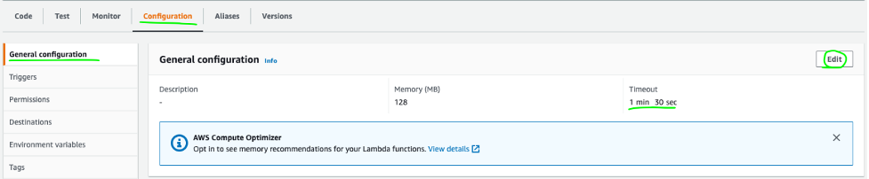 In the Lambda console, there are tabs for Code, Test, Monitor, Configuration, Aliases, and Versions. The Configuration tab is selected and the Edit button is highlighted.