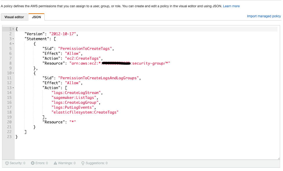 The permissions for creating tags for SageMaker resources are pasted into the JSON editor in the IAM console.