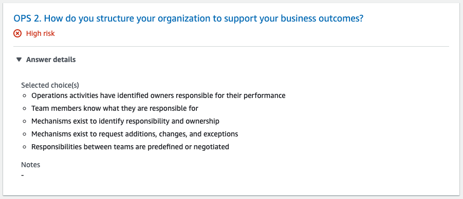 The OPS 2 question is How do you structure your organization to support your business outcomes? Answer details section is expanded to show a bulleted list.