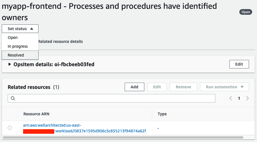 Under the Set status menu, Resolved is selected. The OpsItem ARN is displayed.
