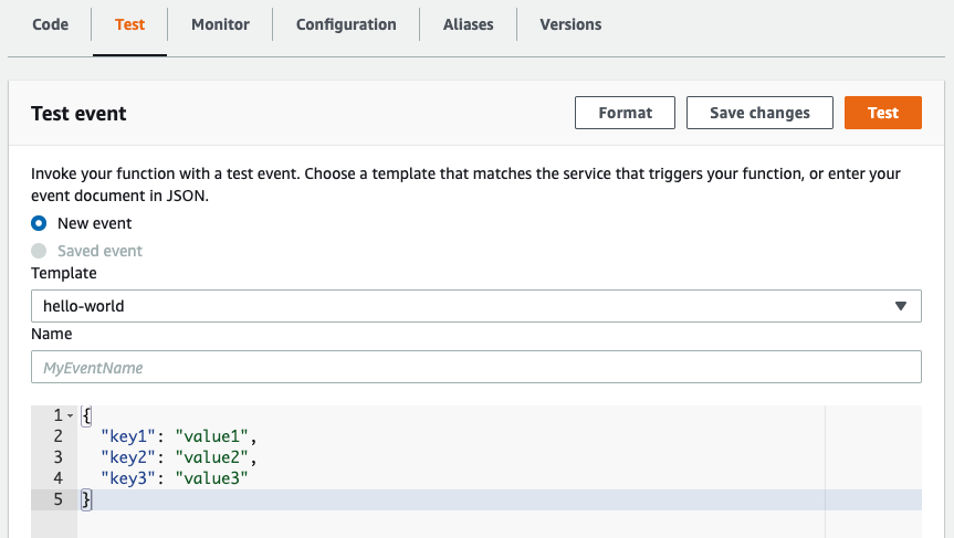 On the Test tab, the New event option is selected. Under Template, hello-world is selected.