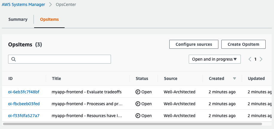 The OpsItems created by the solution are displayed in a table organized by ID, title, status (in this example, Open), source (in this example, Well-Architected), created, and updated.