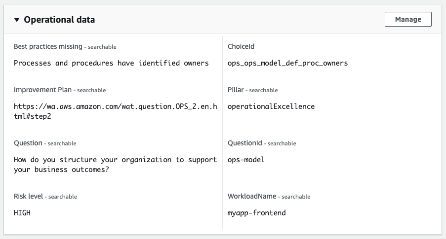 Operational data for an OpsItem includes best practices missing (in this example, Processes and procedures have identified owners), risk level (HIGH), workload name, and more.