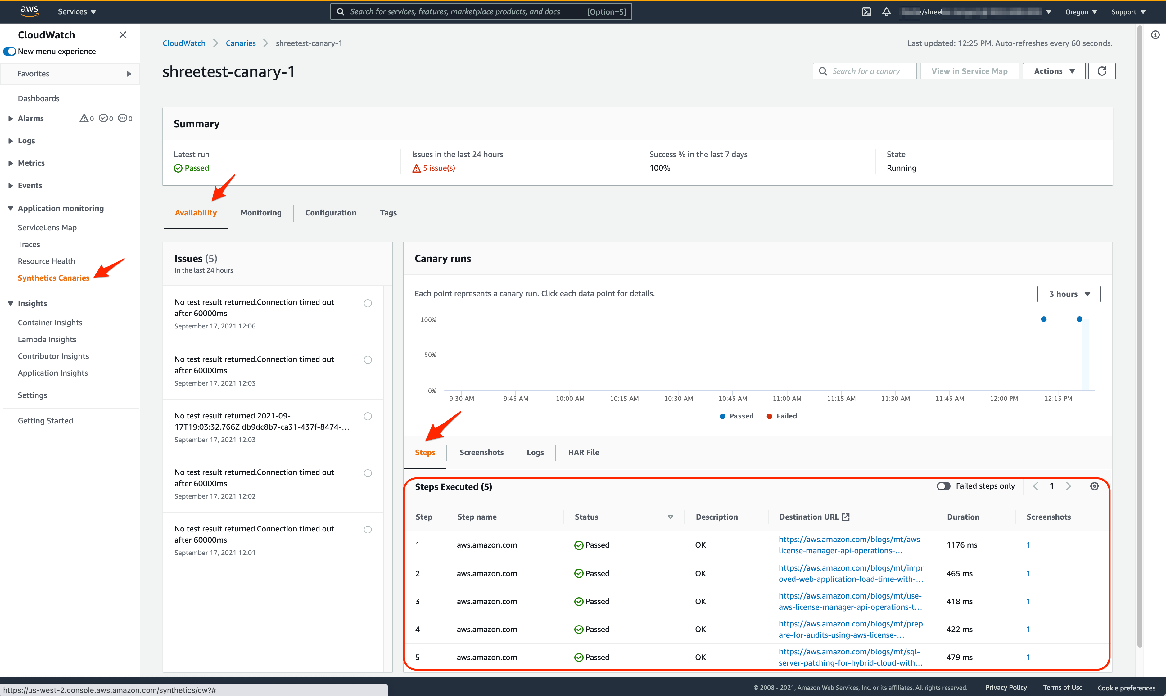 On the details page for shreetest-canary-1, five steps were run. All have a status of Passed.