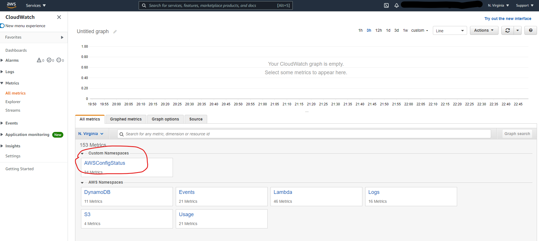 This is a screenshot of the Amazon CloudWatch highlighting the custom metric called AWSConfigStatus that is published as part of this solution.