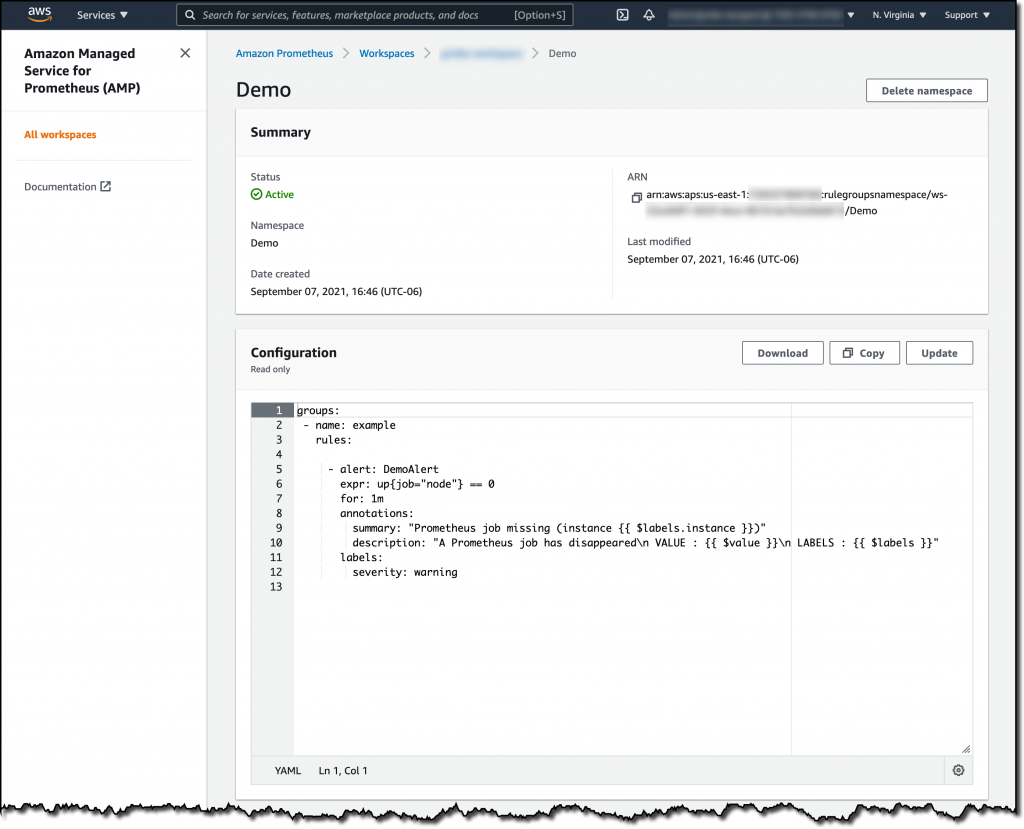The Amazon Managed Service for Prometheus console displaying a configuration rule that checks to see if a job called “node” is up.