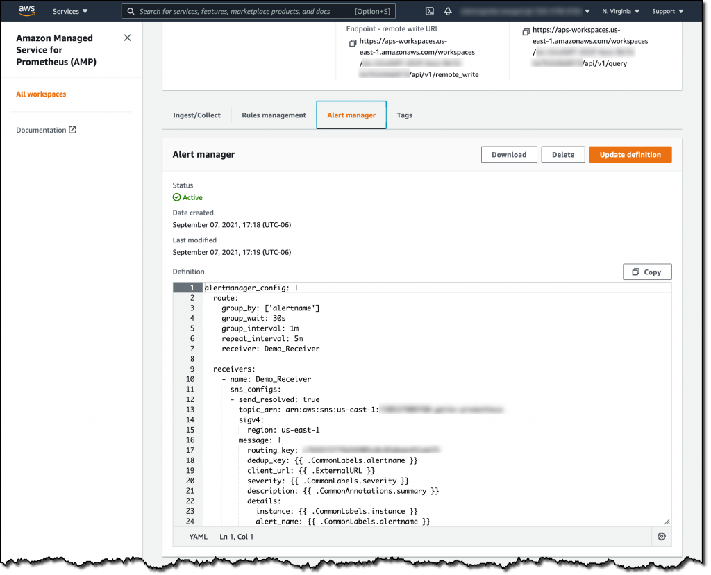 The Amazon Managed Service for Prometheus console showing the Alert manager screen configured to send alerts to an SNS topic.
