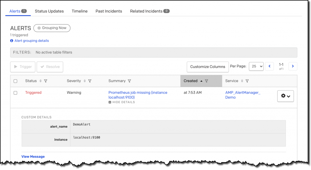 PagerDuty screen showing that an alert called “Prometheus job missing (instance localhost:9100)” was triggered by the Amazon Managed Service for Prometheus workspace and received by PagerDuty.
