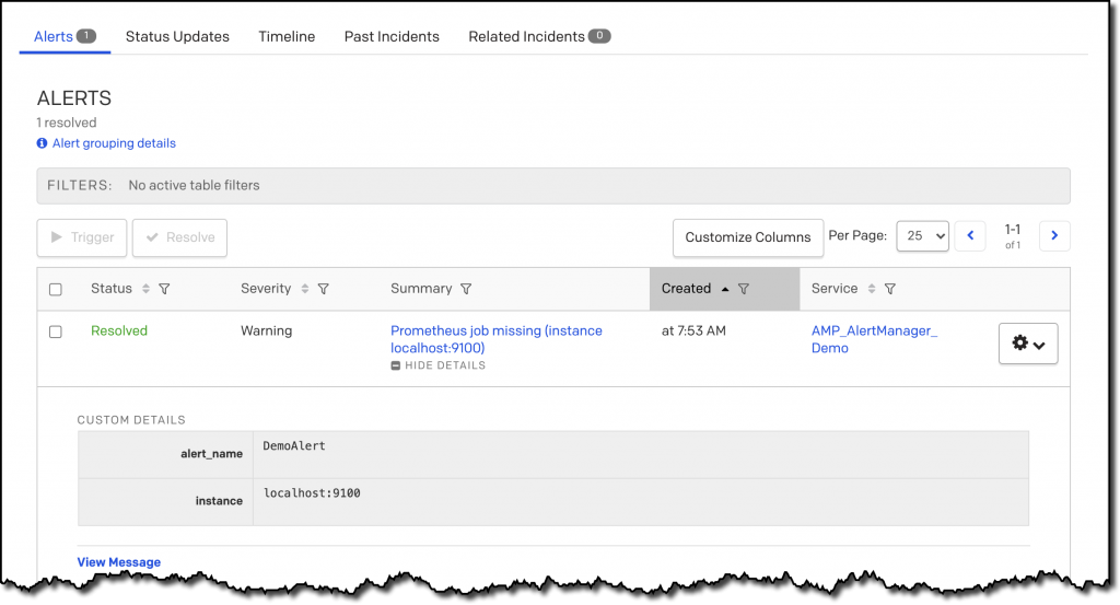 PagerDuty screen showing that the previous alert was automatically resolved via a notification from the Amazon Managed Service for Prometheus workspace.