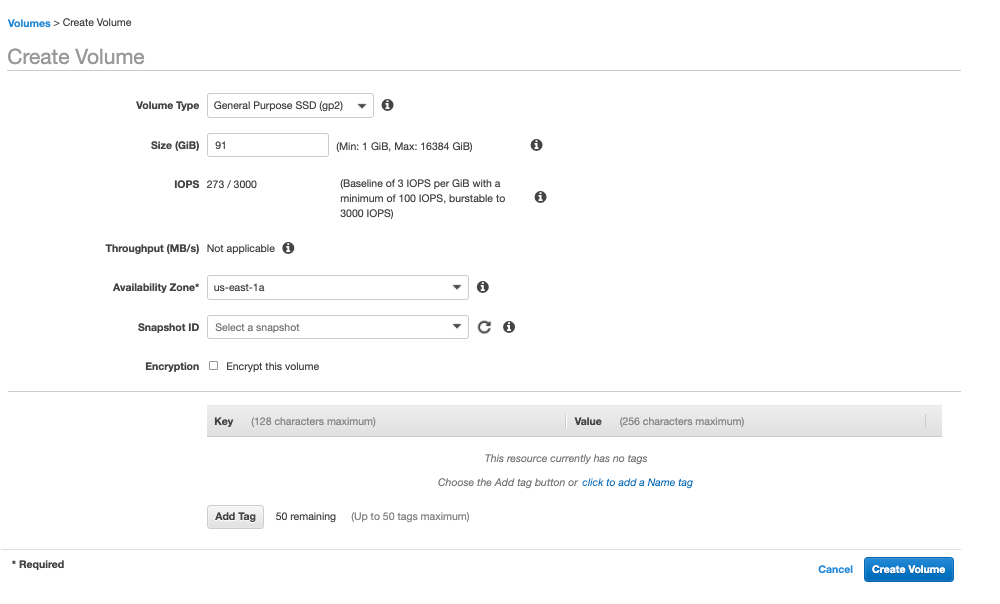 Using the EC2 console, create a new volume where the default settings are selected. Note the Volume type is gp2.