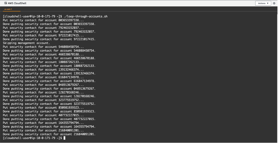 AWS Cloudshell snapshot of scrips listing all acounts in the organization and updating alternate contacts