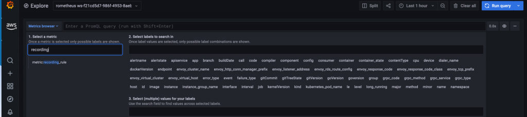 Grafana console showing a metric created as a result of recording rule in Amazon Managed Service for Prometheus