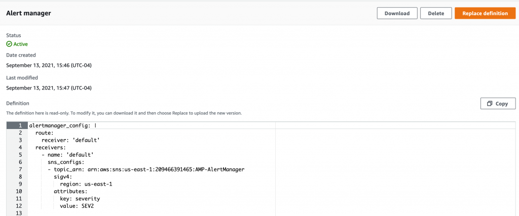 Alert manager tab showing alert configuration on Amazon Managed Service for Prometheus service console