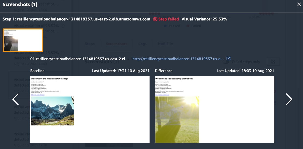 Screenshots tab with Baseline and canary run images side by side and the visual differences highlighted in yellow. Step status is Step failed with Visual variance of 25.53%.