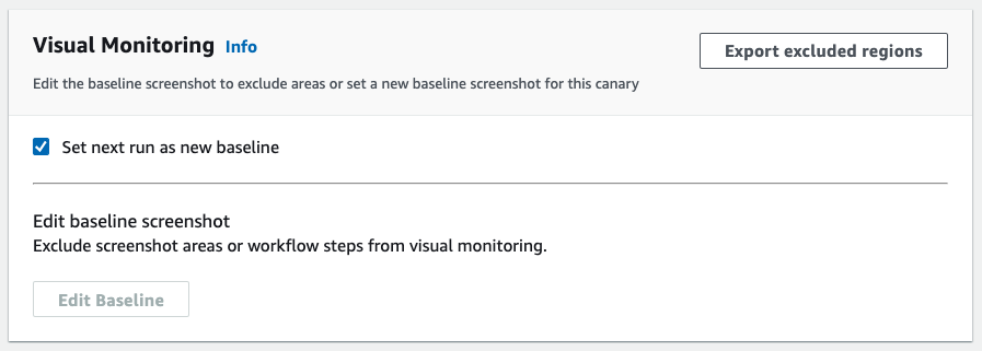 Checkbox for Set next run as new baseline selected under Visual Monitoring on the canary edit page.