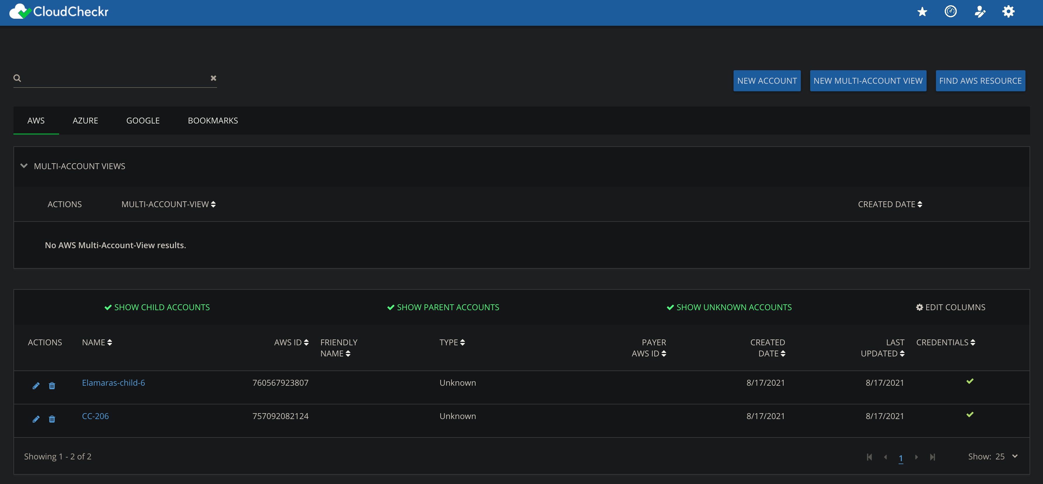 CloudCheckr console showing the list of list of AWS accounts integrated with CloudCheckr